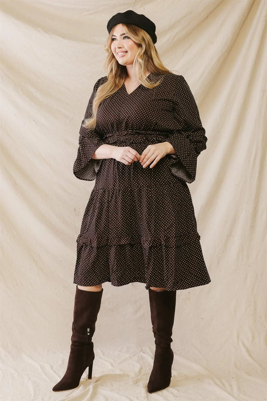 Junior Plus Black Printed Ruffle Detail V-Neck Flare Midi Dress /2-2-2 - Tasha Apparel Wholesale