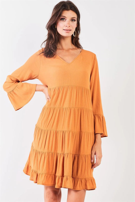 Boho Mustard V-Neck 3/4 Flare Sleeve High-Waist Knee Length Dress /1-2-2 - Tasha Apparel Wholesale