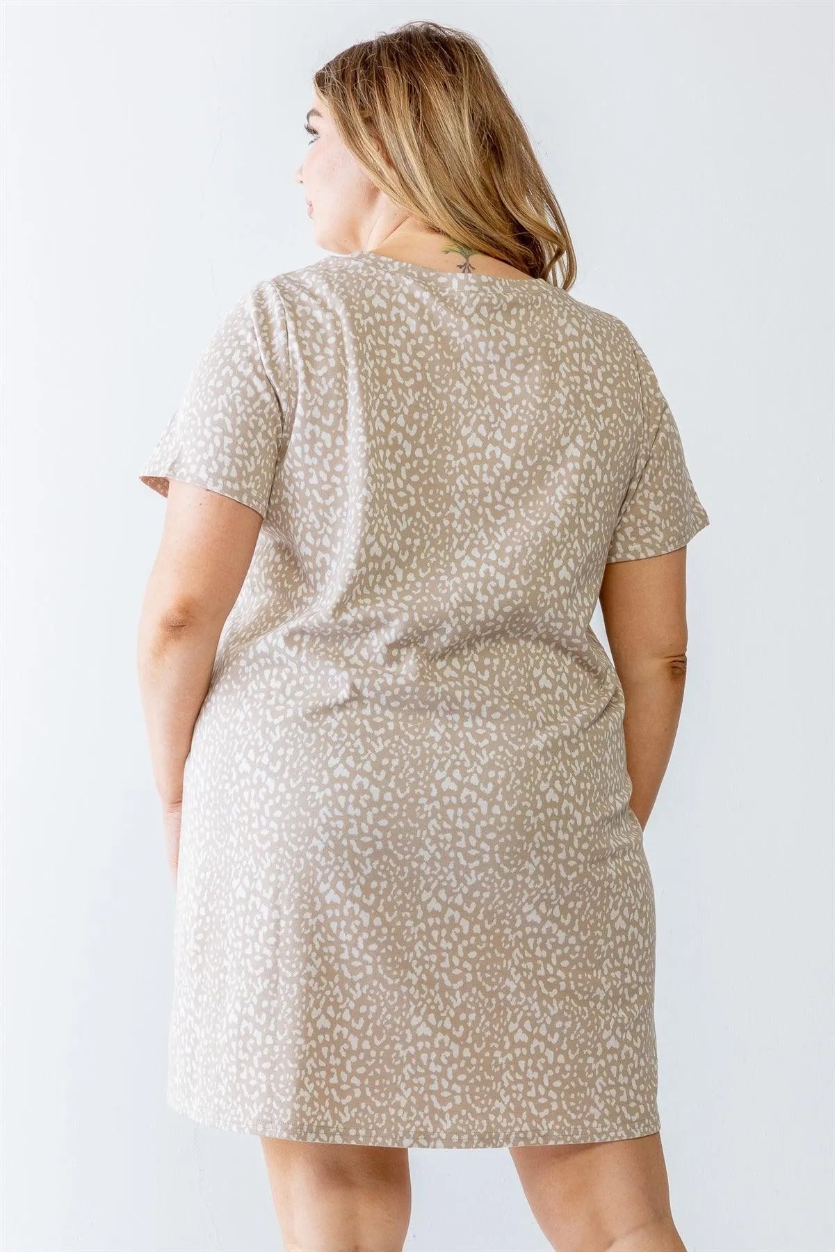 Junior Plus Taupe Animal Print Short Sleeve Mini Dress /3-2-1 - Tasha Apparel Wholesale
