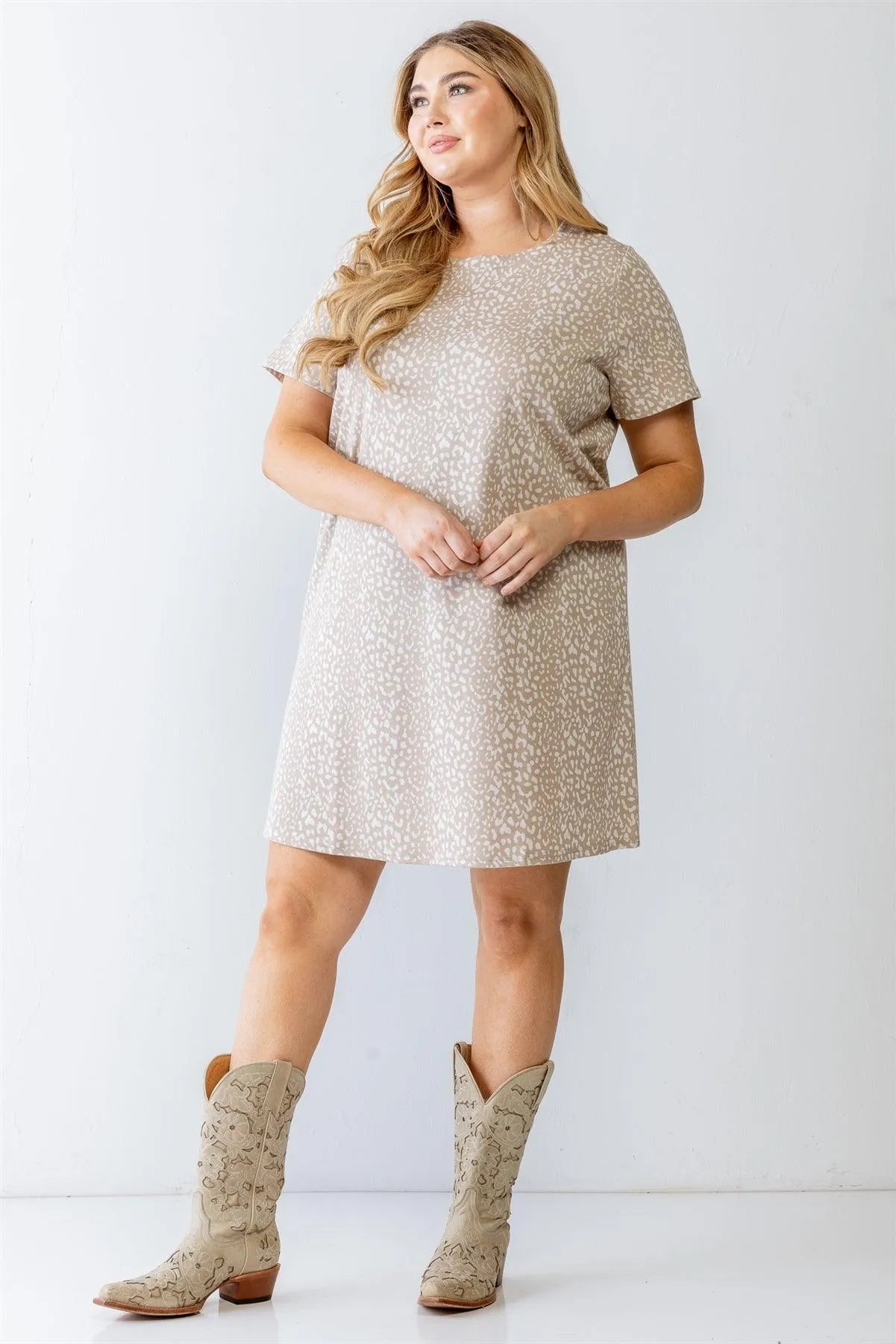 Junior Plus Taupe Animal Print Short Sleeve Mini Dress /3-2-1 - Tasha Apparel Wholesale