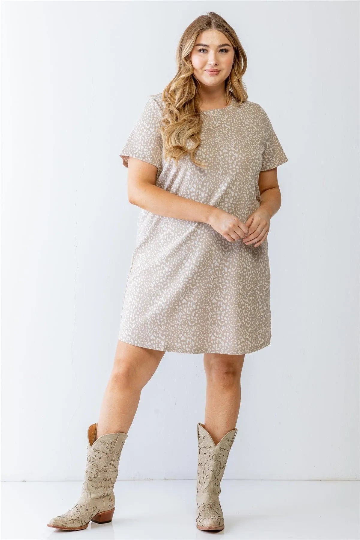 Junior Plus Taupe Animal Print Short Sleeve Mini Dress /3-2-1 - Tasha Apparel Wholesale