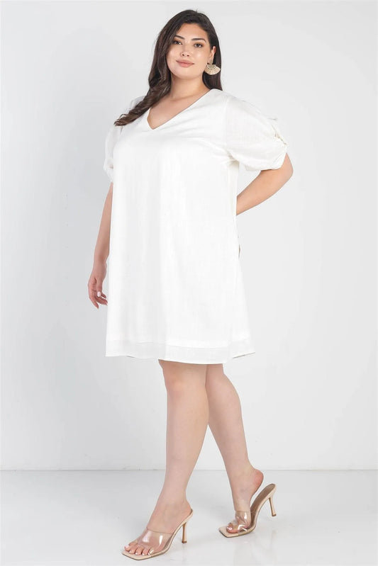 Junior Plus White Bow Detail Short Sleeve V-Neck Mini Dress /1-2-2 - Tasha Apparel Wholesale