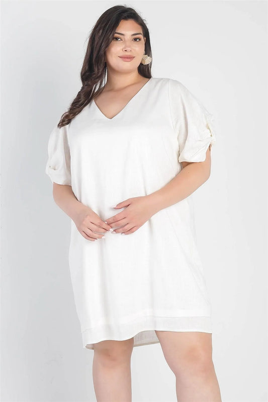 Junior Plus White Bow Detail Short Sleeve V-Neck Mini Dress /3-2-1 - Tasha Apparel Wholesale