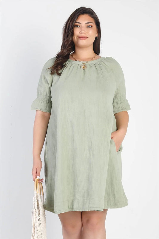 Junior Plus Sage Textured Crew Neck Two Pocket Trim Hem Dress /3-2-1 - Tasha Apparel Wholesale