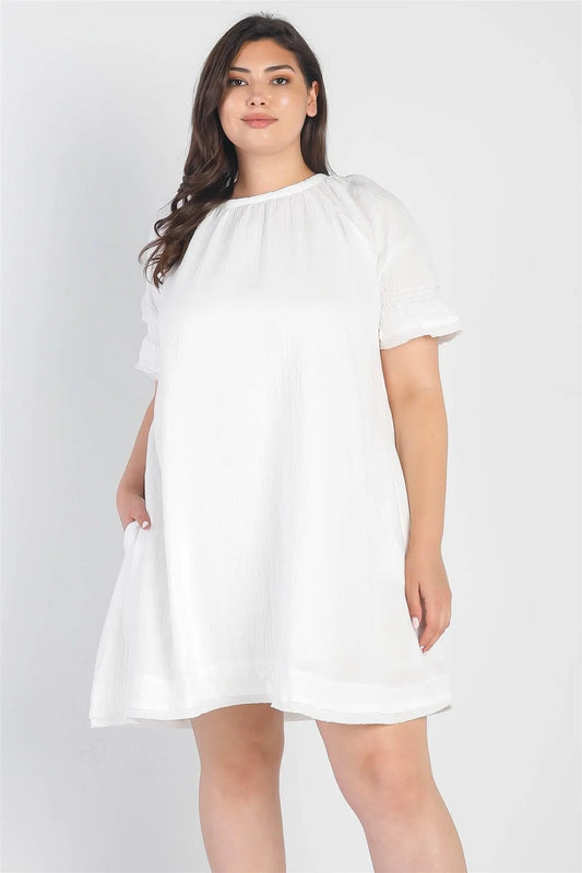 Junior Plus White Textured Crew Neck Two Pocket Trim Hem Dress /3-2-1 - Tasha Apparel Wholesale