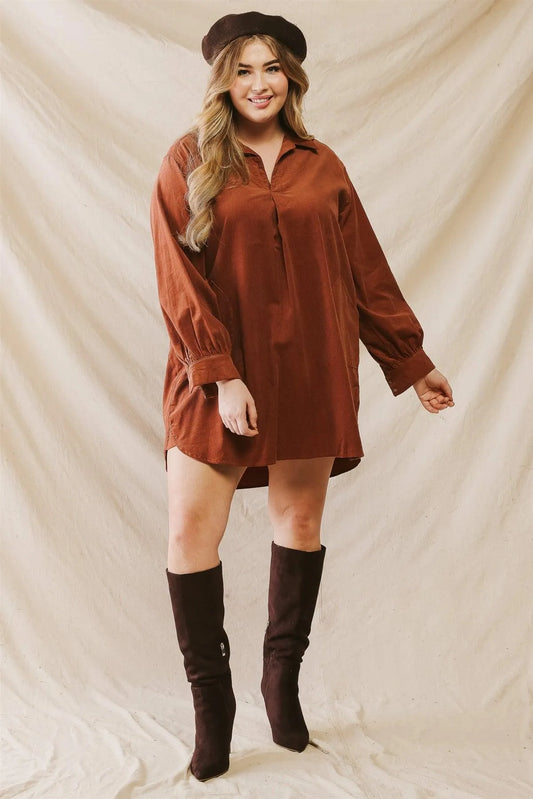 Junior Plus Rust Cotton Collared Neck Two Pocket Mini Dress /1-2-2 - Tasha Apparel Wholesale