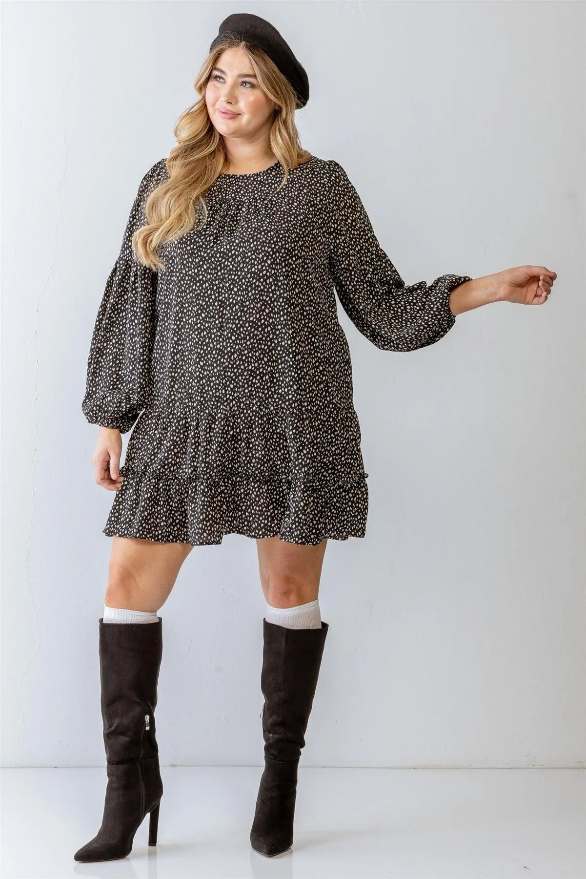 Junior Plus Black Leopard Print Puff Long Sleeve Flare Hem Mini Dress /3-2-1 - Tasha Apparel Wholesale