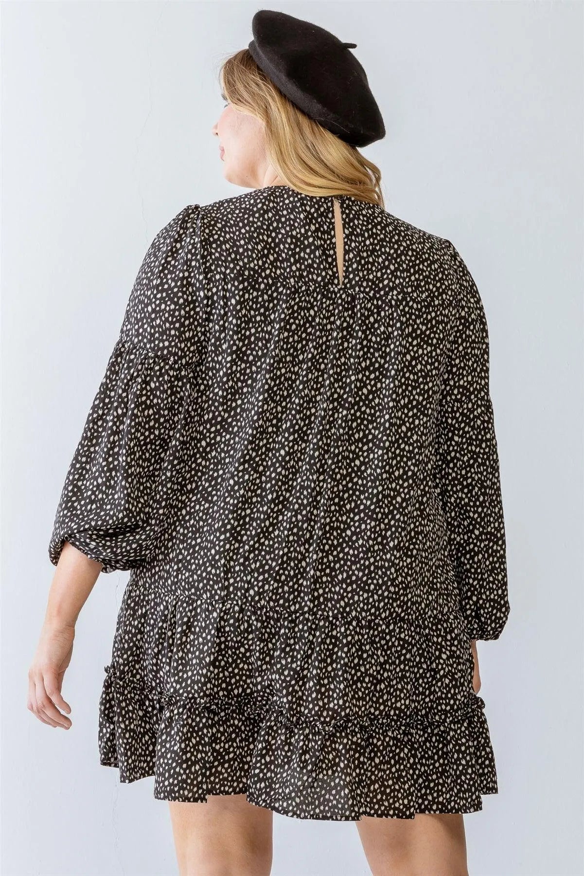 Junior Plus Black Leopard Print Puff Long Sleeve Flare Hem Mini Dress /3-2-1 - Tasha Apparel Wholesale