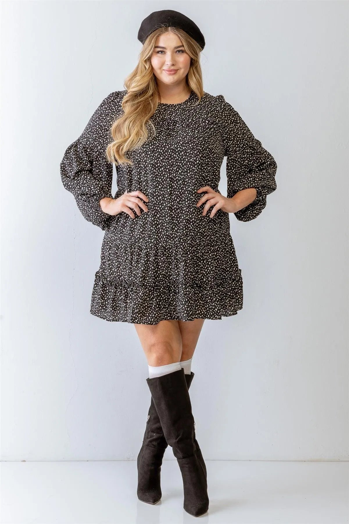 Junior Plus Black Leopard Print Puff Long Sleeve Flare Hem Mini Dress /3-2-1 - Tasha Apparel Wholesale