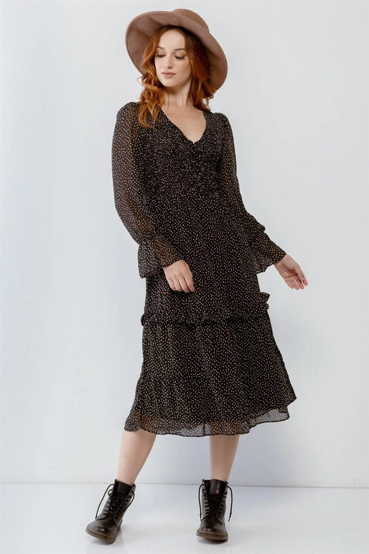Black Polka Smoked Button-Up Flare Hem Midi Dress /2-2-2 - Tasha Apparel Wholesale