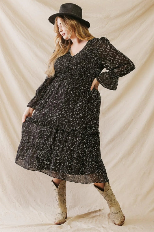 Junior Plus Black Polka Smoked Button-Up Flare Hem Midi Dress /3-2-1 - Tasha Apparel Wholesale