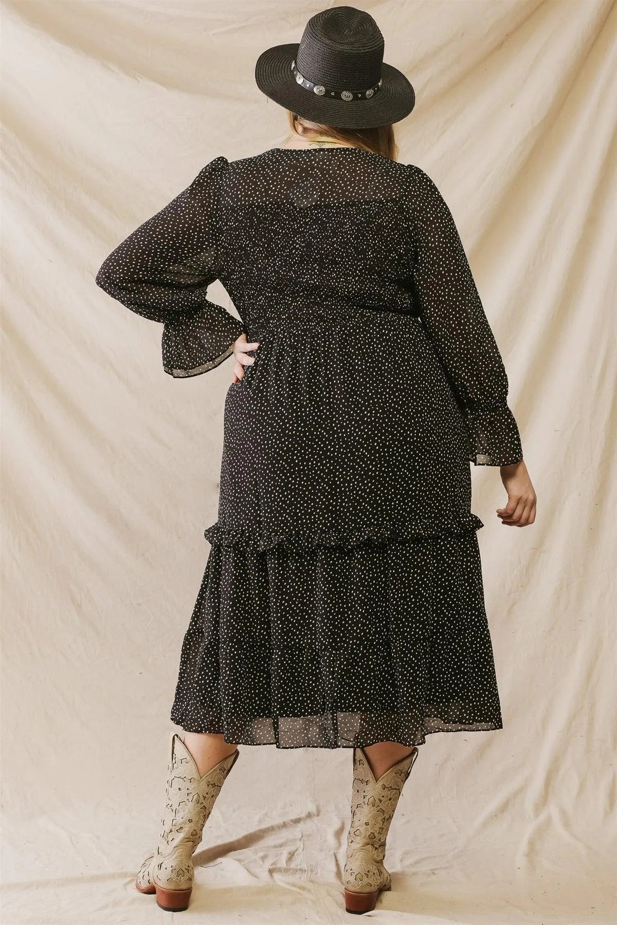 Junior Plus Black Polka Smoked Button-Up Flare Hem Midi Dress /2-3-2 - Tasha Apparel Wholesale