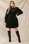 Junior Plus Black Ribbed Velvet Effect Long Sleeve Mini Dress /3-2-1 - Tasha Apparel Wholesale