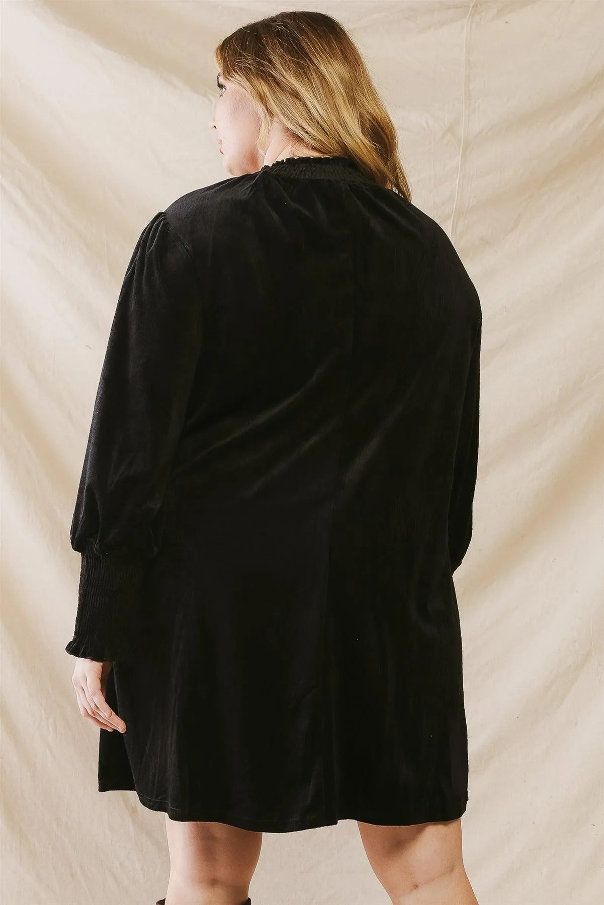 Junior Plus Black Ribbed Velvet Effect Long Sleeve Mini Dress /3-2-1 - Tasha Apparel Wholesale