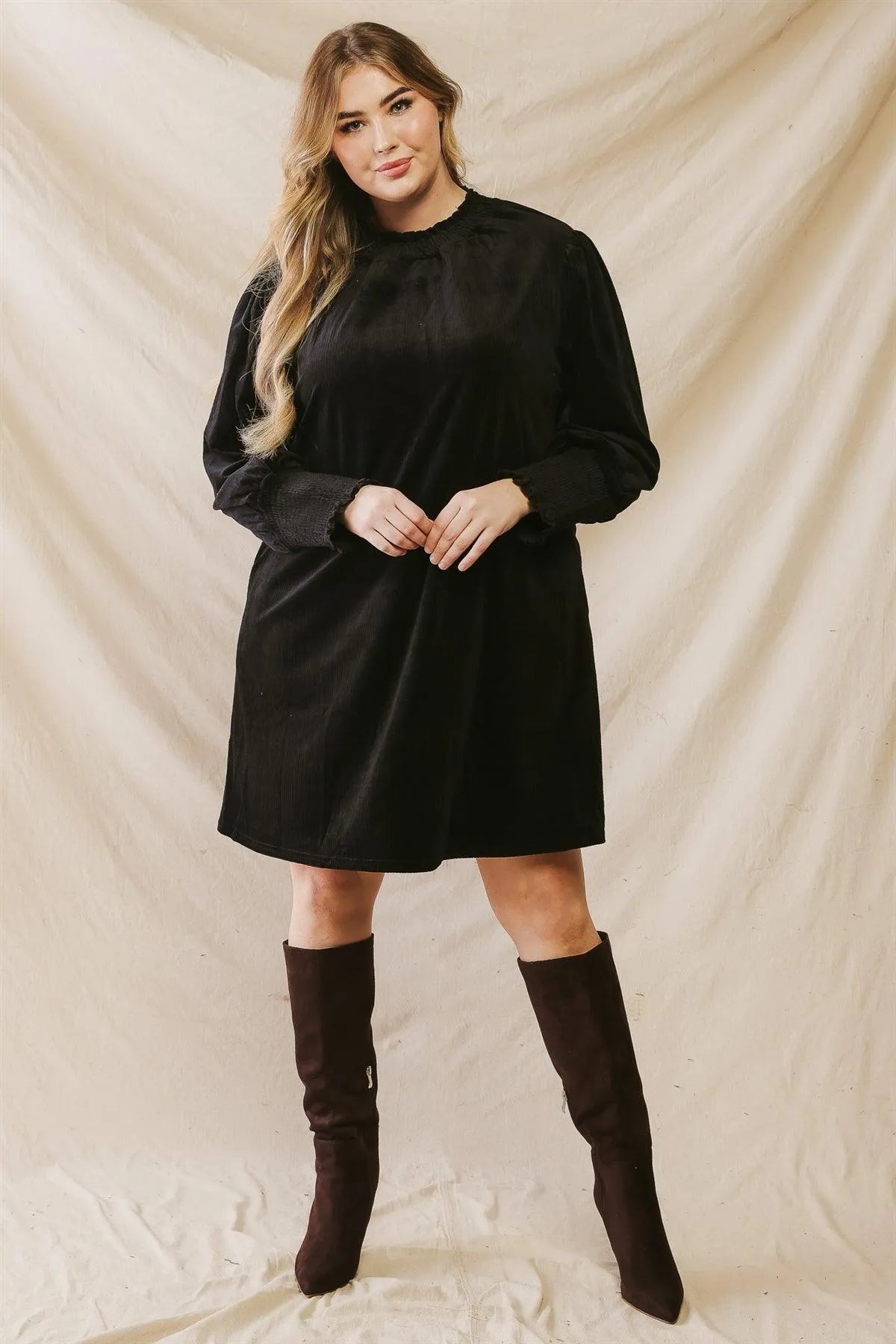 Junior Plus Black Ribbed Velvet Effect Long Sleeve Mini Dress /3-2-1 - Tasha Apparel Wholesale