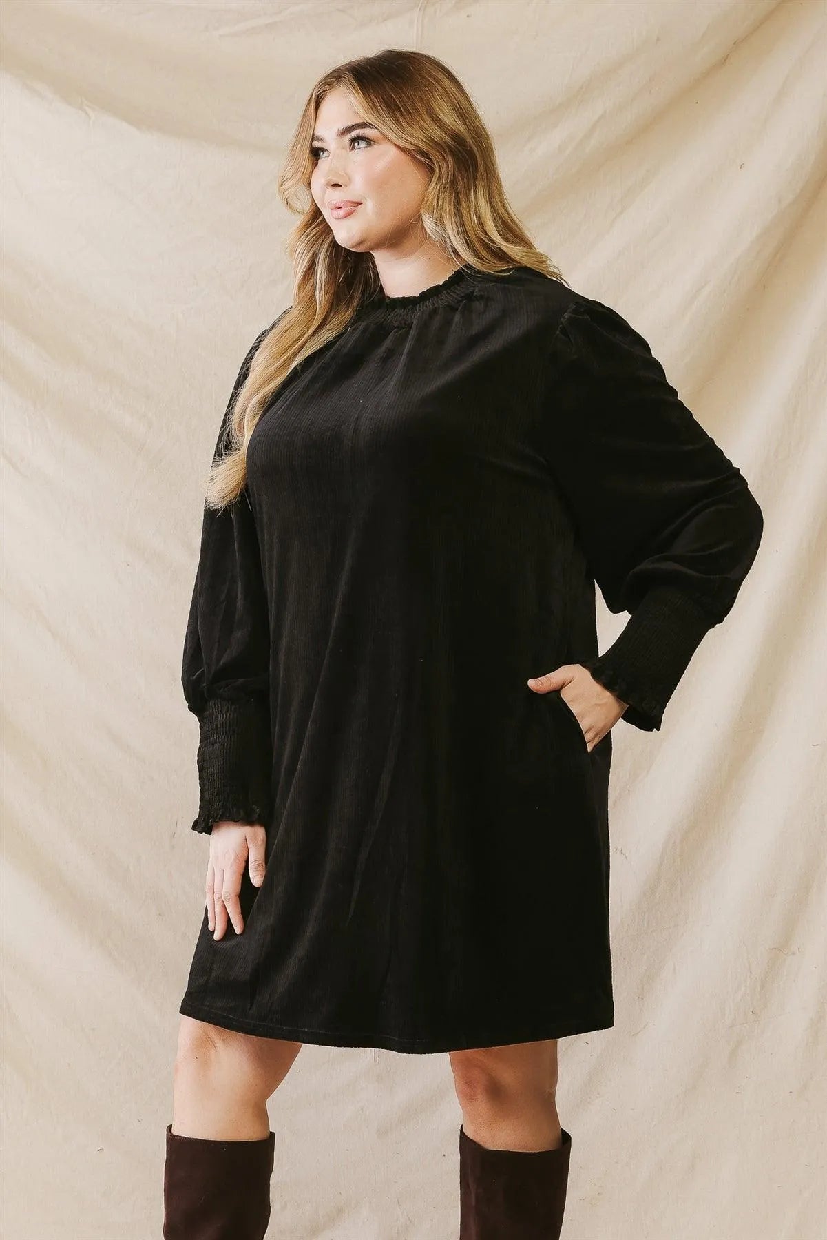 Junior Plus Black Ribbed Velvet Effect Long Sleeve Mini Dress /3-2-1 - Tasha Apparel Wholesale