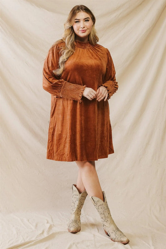 Junior Plus Camel Ribbed Velvet Effect Long Sleeve Mini Dress /3-2-1 - Tasha Apparel Wholesale