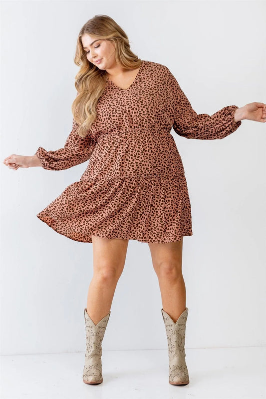 Blush Leopard Print V-Neck Flare Hem Mini Dress - Tasha Apparel Wholesale