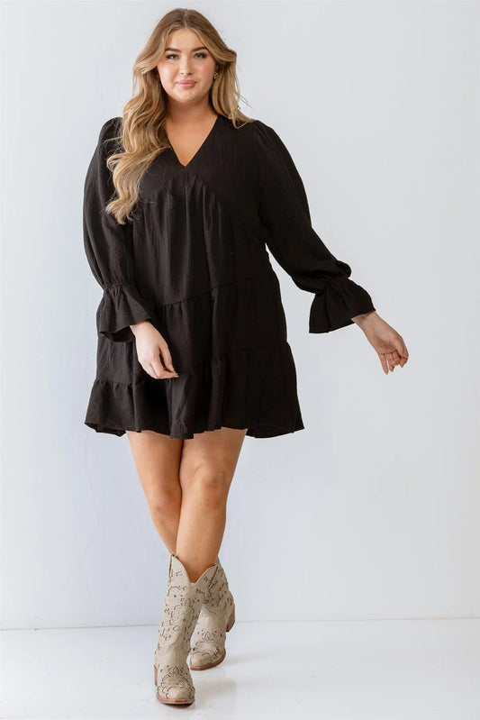 Junior Plus Black Textured Flare Hem Long Sleeve Mini Dress - Tasha Apparel Wholesale