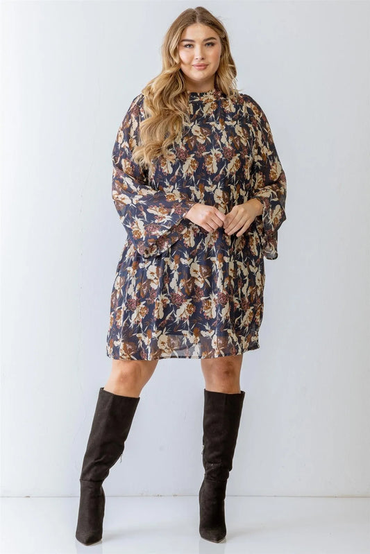 Junior Plus Denim Floral Print Textured Mini Dress /3-2-1 - Tasha Apparel Wholesale