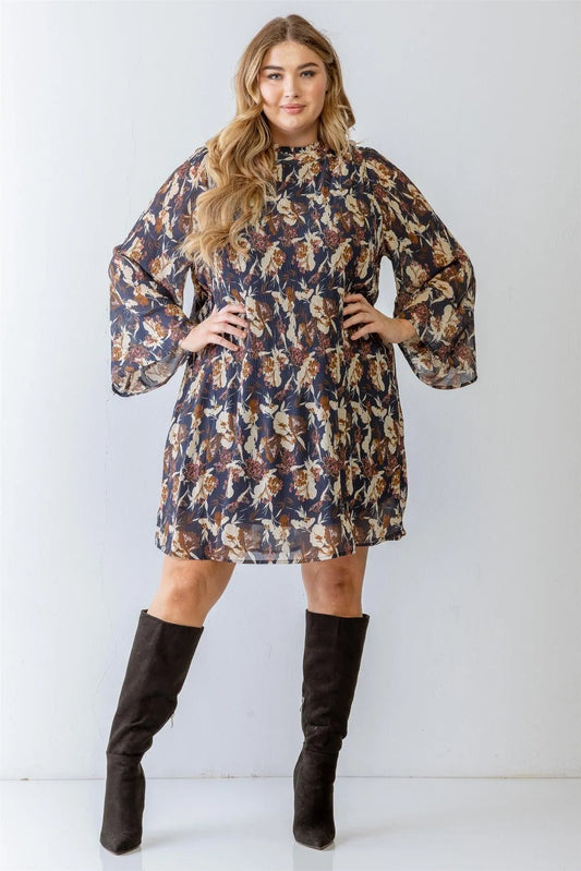 Junior Plus Denim Floral Print Textured Mini Dress /3-3-2 - Tasha Apparel Wholesale