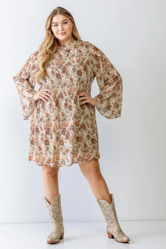 Junior Plus Taupe Floral Print Textured Mini Dress /3-2-1 - Tasha Apparel Wholesale
