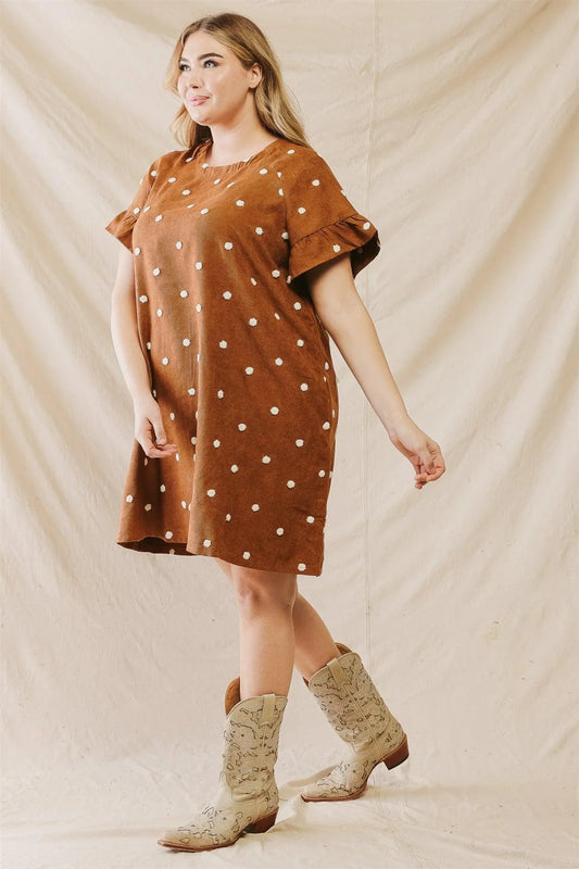 Junior Plus Camel Polka Dot Short Ruffle Sleeve Two Pocket Mini Dress /2-2-1 - Tasha Apparel Wholesale