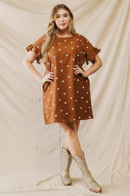 Junior Plus Camel Polka Dot Short Ruffle Sleeve Two Pocket Mini Dress /3-2-1 - Tasha Apparel Wholesale