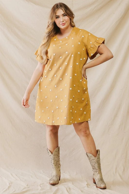 Junior Plus Mustard Polka Dot Short Ruffle Sleeve Two Pocket Mini Dress /3-2-1 - Tasha Apparel Wholesale