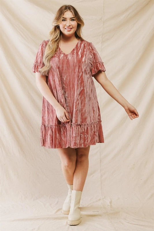 Junior Plus Mauve Velvet Effect V-Neck Short Sleeve Mini Dress /3-2-1 - Tasha Apparel Wholesale
