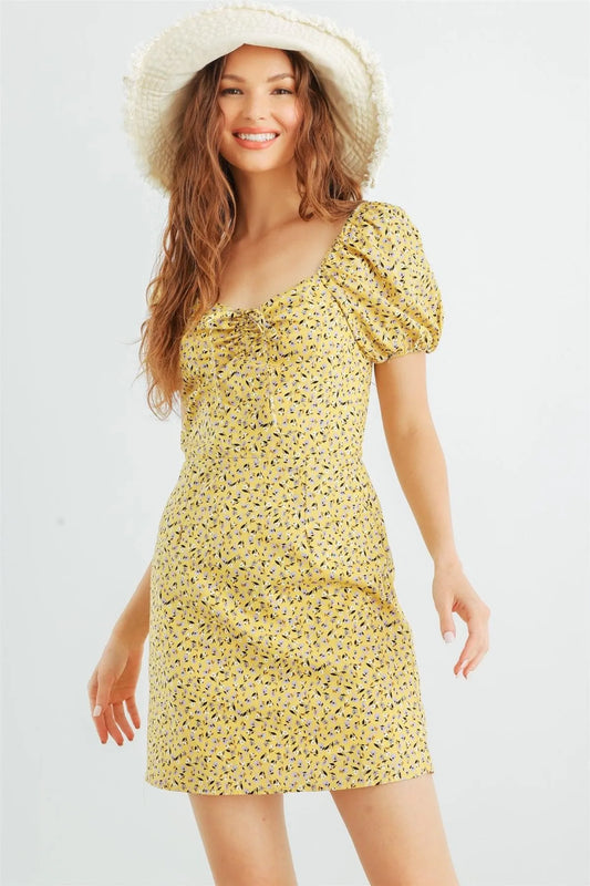 Yellow Cotton Floral Puff Short Sleeve Mini Dress /2-2-2 - Tasha Apparel Wholesale