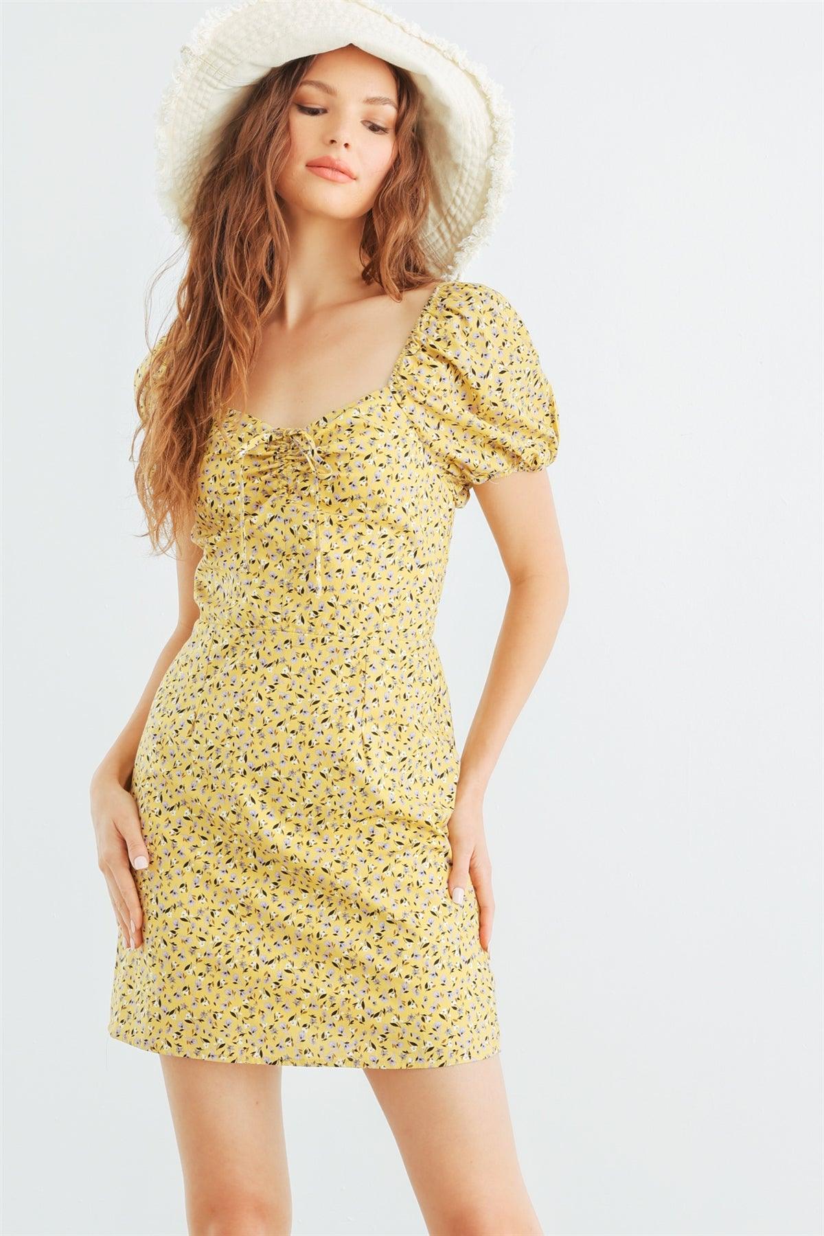 Yellow Cotton Floral Puff Short Sleeve Mini Dress /2-2-2