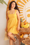 Yellow Embroidery Cotton Square Neck Sleeveless Tie Back Mini Dress /2-2-2 - Tasha Apparel Wholesale