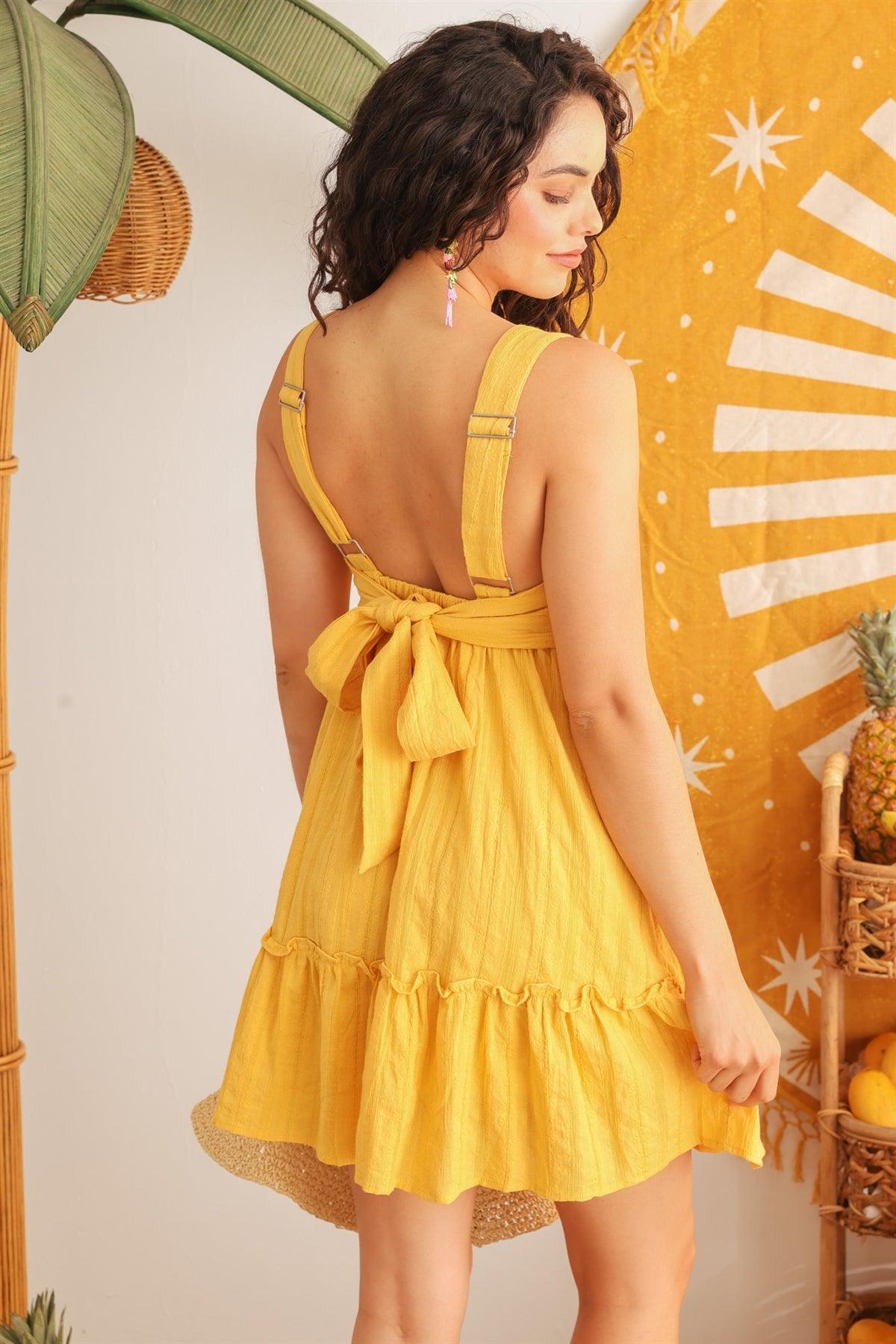 Yellow Embroidery Cotton Square Neck Sleeveless Tie Back Mini Dress /2-2-2