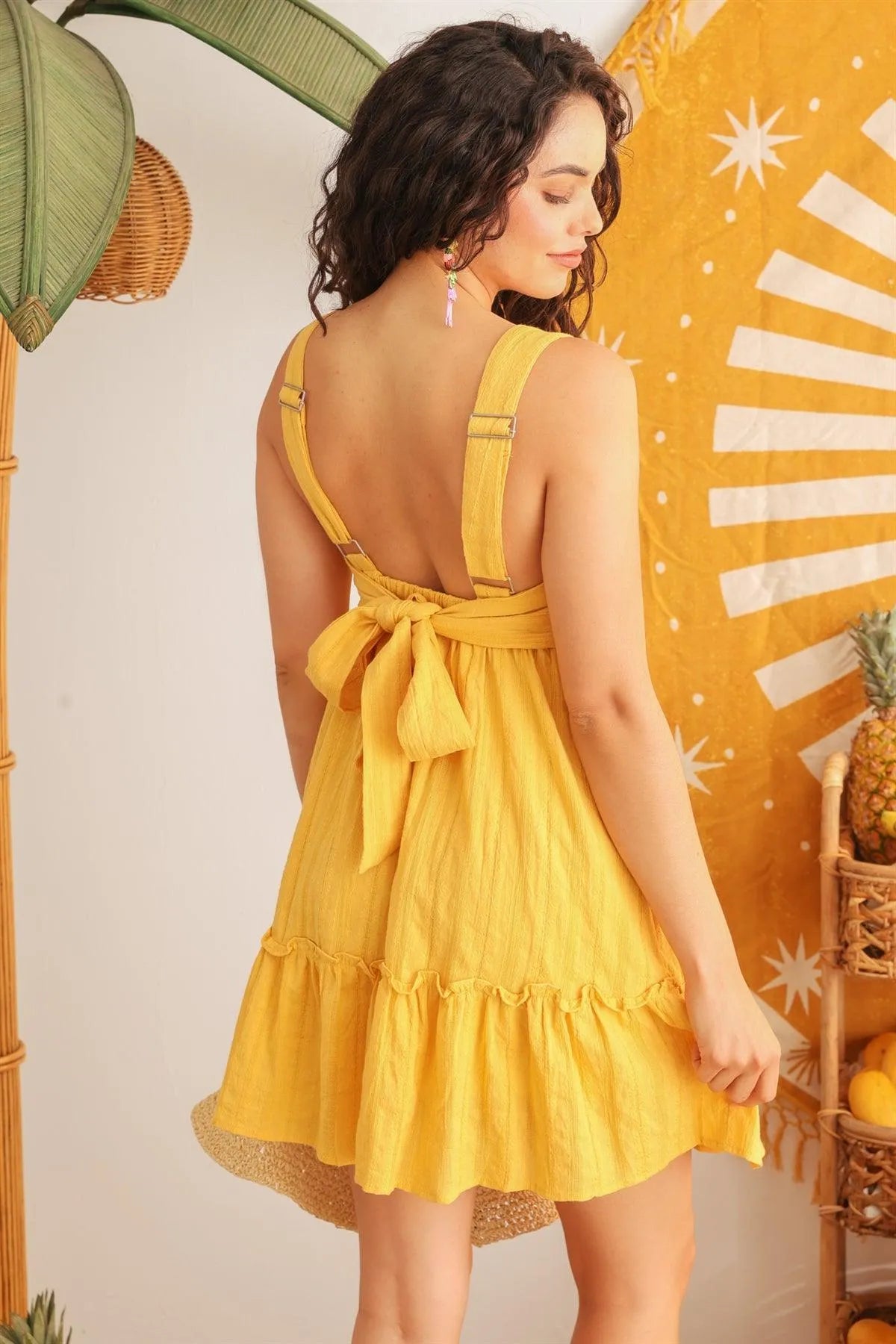 Yellow Embroidery Cotton Square Neck Sleeveless Tie Back Mini Dress /2-2-2 - Tasha Apparel Wholesale