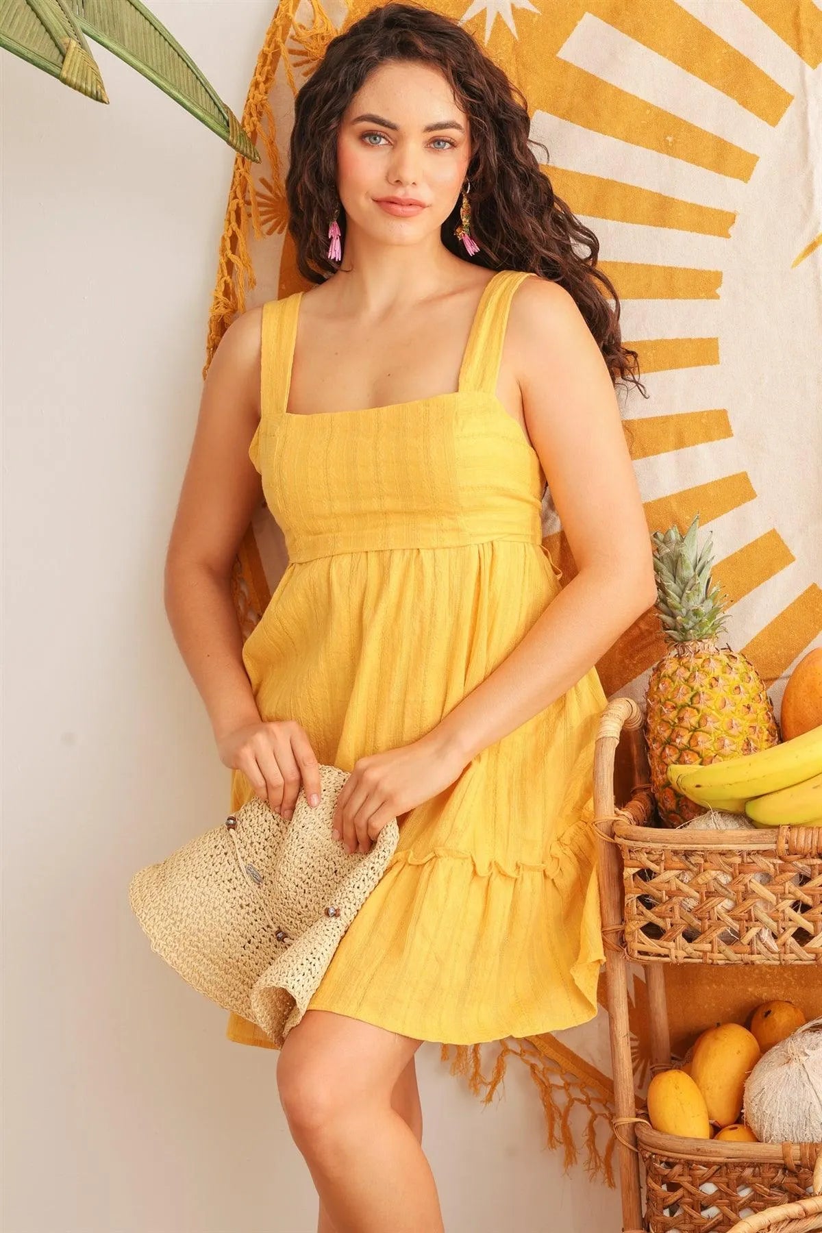 Yellow Embroidery Cotton Square Neck Sleeveless Tie Back Mini Dress /2-2-2 - Tasha Apparel Wholesale