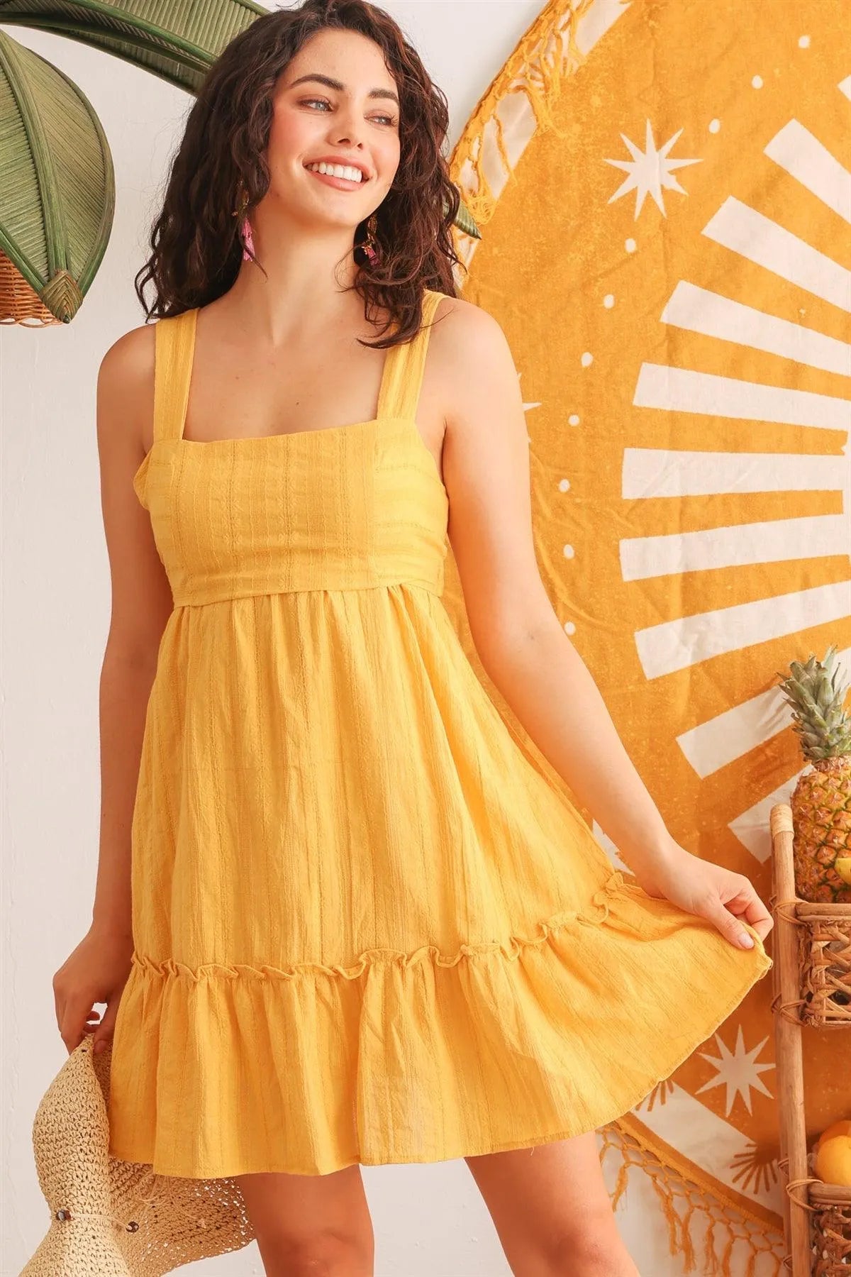 Yellow Embroidery Cotton Square Neck Sleeveless Tie Back Mini Dress /2-2-2 - Tasha Apparel Wholesale