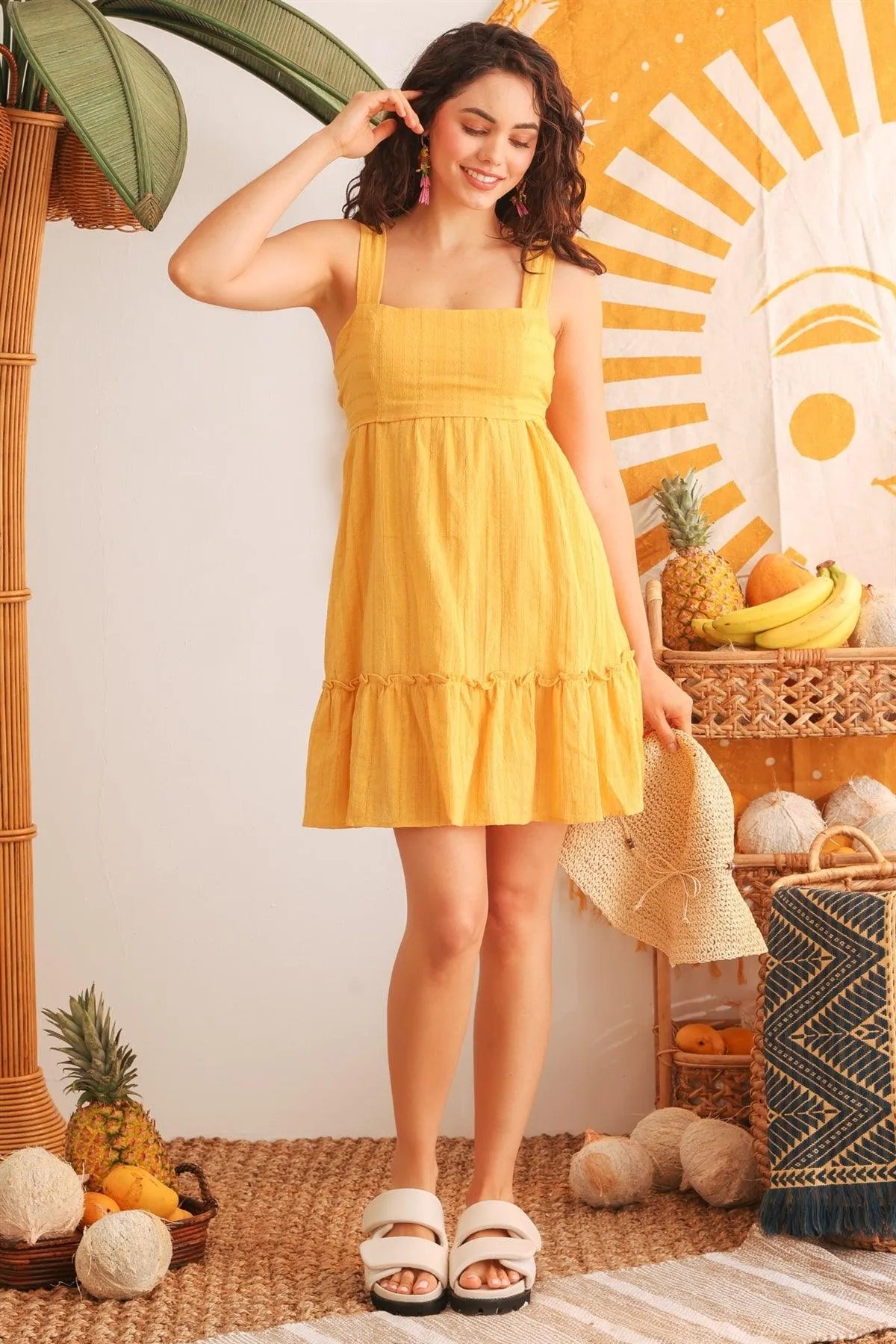 Yellow Embroidery Cotton Square Neck Sleeveless Tie Back Mini Dress /2-2-2 - Tasha Apparel Wholesale