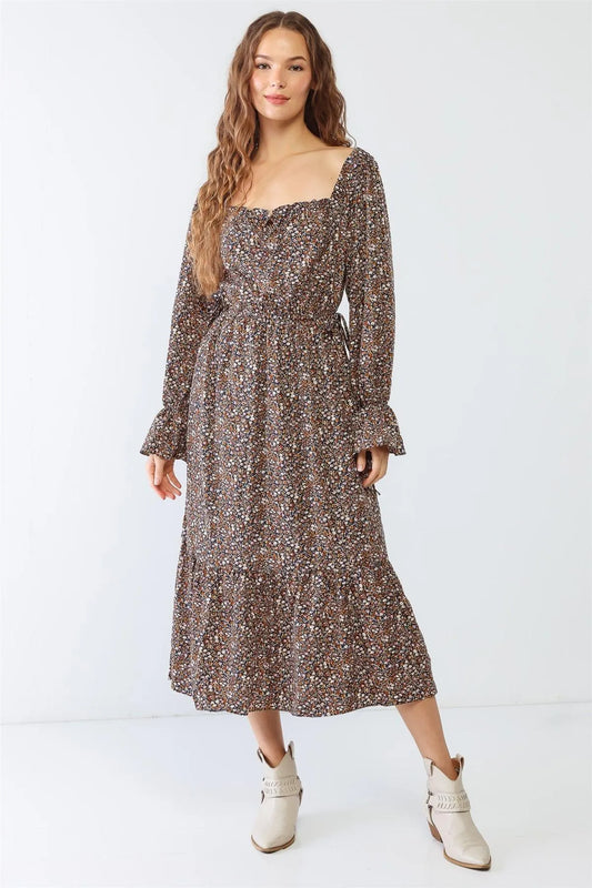 Navy Flower Print Self-Tie Waist Long Sleeve Maxi Dress /1-1-1 - Tasha Apparel Wholesale