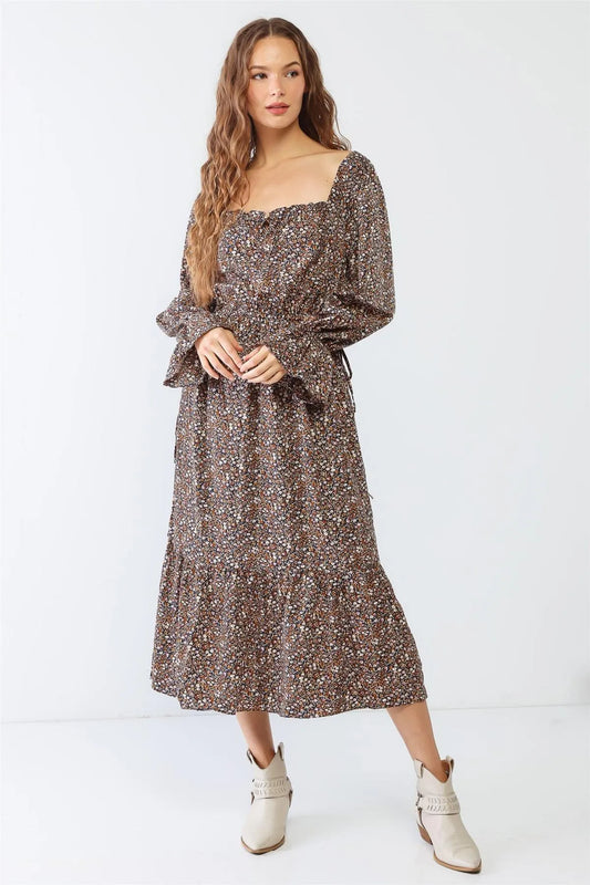 Navy Flower Print Self-Tie Waist Long Sleeve Maxi Dress /2-2-2 - Tasha Apparel Wholesale