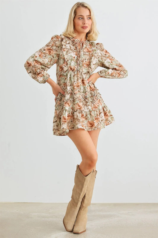 Green Floral Ruffle Tie Neck Puff Long Sleeve Mini Dress /2-2-2 - Tasha Apparel Wholesale