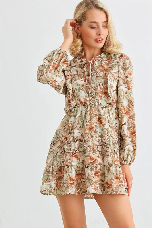 Green Floral Ruffle Tie Neck Puff Long Sleeve Mini Dress /3-2-3 - Tasha Apparel Wholesale