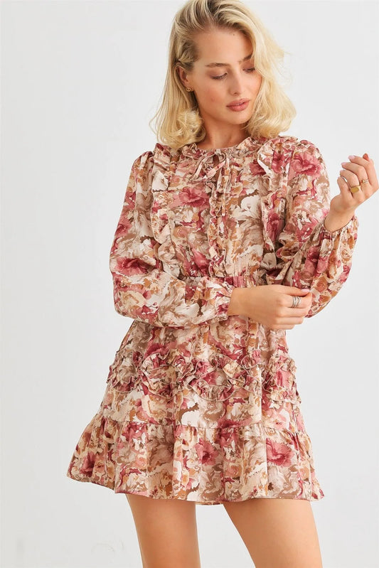 Mauve Floral Ruffle Tie Neck Puff Long Sleeve Mini Dress /2-2 - Tasha Apparel Wholesale