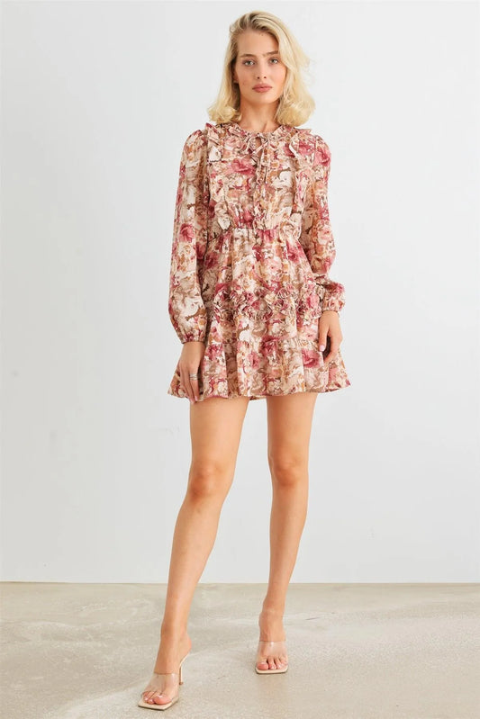 Mauve Floral Ruffle Tie Neck Puff Long Sleeve Mini Dress /2-2-2 - Tasha Apparel Wholesale