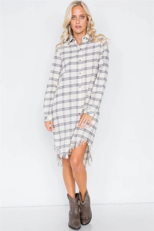 Ivory & Black Plaid Stripe Raw High-Low Hem Flannel Dress /2-2-2 - Tasha Apparel Wholesale