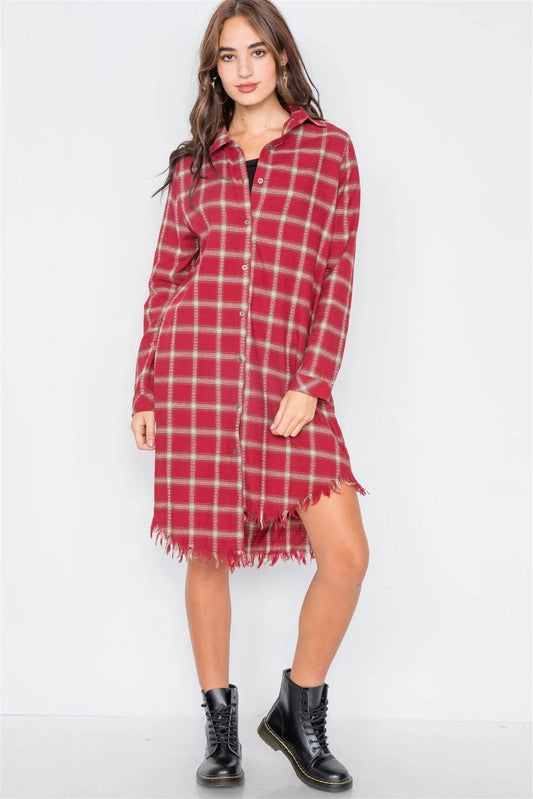 Red Green & White Plaid Stripe Raw High-Low Hem Flannel Dress /1-2-2 - Tasha Apparel Wholesale