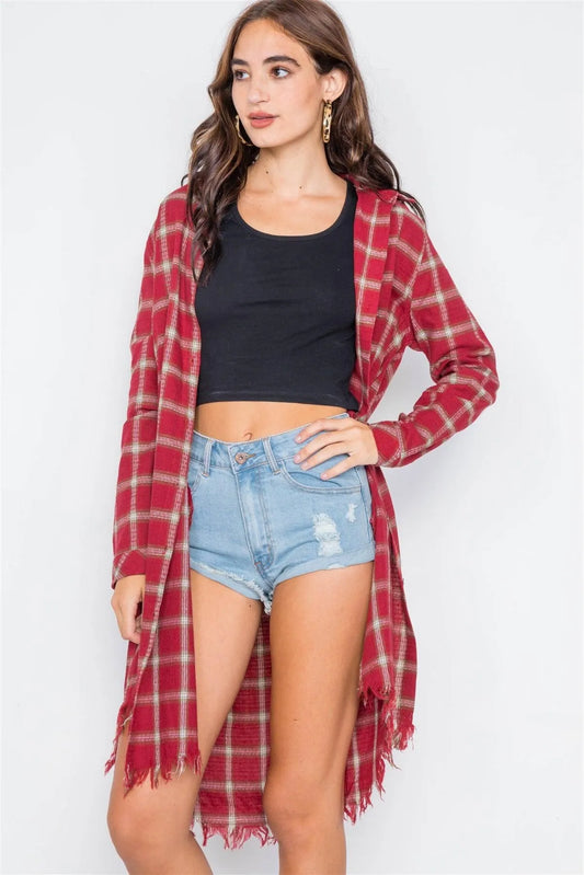 Red Green & White Plaid Stripe Raw High-Low Hem Flannel Dress /2-2-2 - Tasha Apparel Wholesale