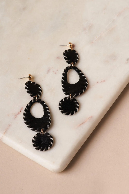 Black Baseball Stitched Vegan Leather Earrings /6 Pairs - Tasha Apparel Wholesale