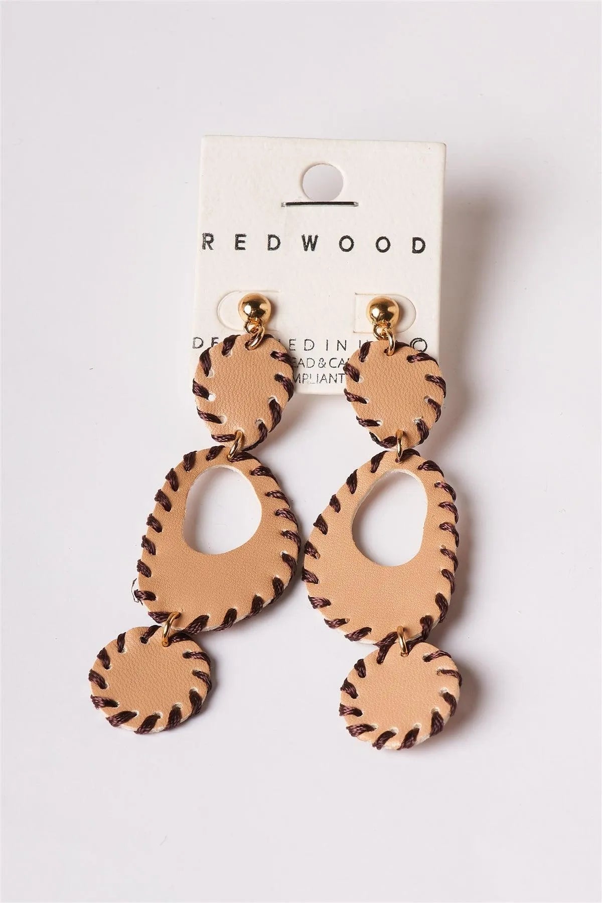 Tan Baseball Stitched Vegan Leather Earrings /3 Pairs - Tasha Apparel Wholesale