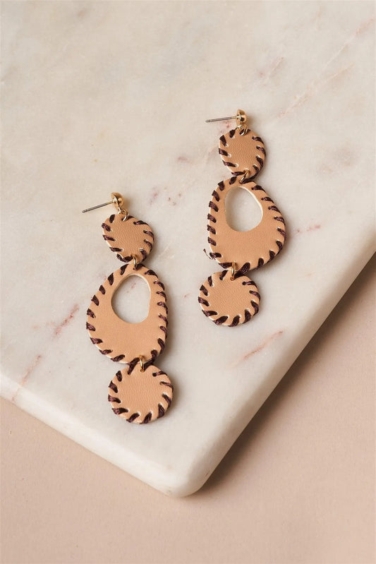 Tan Baseball Stitched Vegan Leather Earrings /1 Pair - Tasha Apparel Wholesale